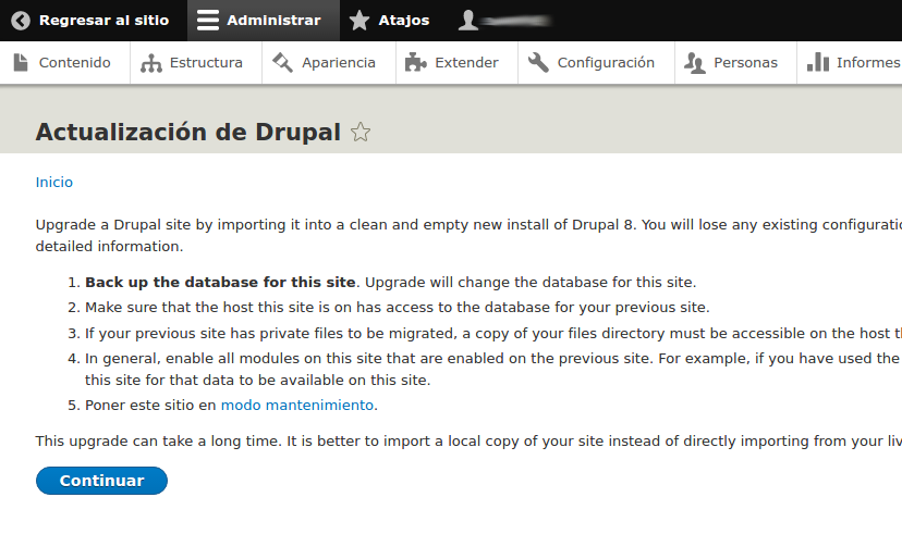 Página de actualización Drupal 8